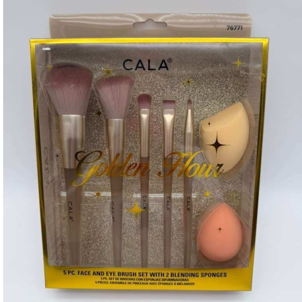 CALA 5pc Face‎ & Eye Makeup Brush Set - Includes 2 Blending Sponges NWT